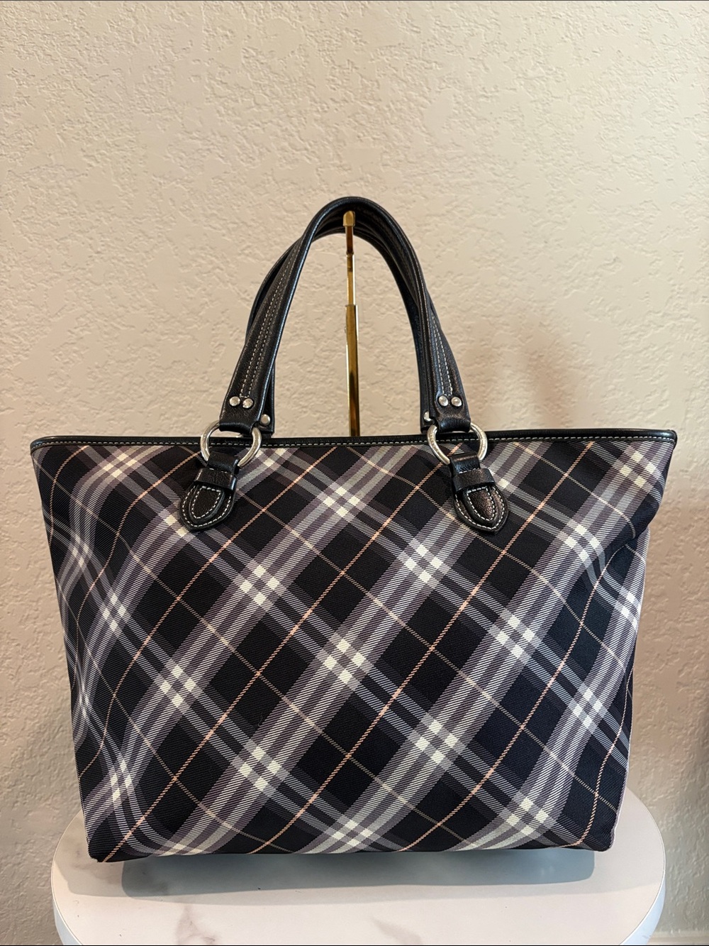 Burberry Black Plaid Tote Canvas Bag with Leather Handles